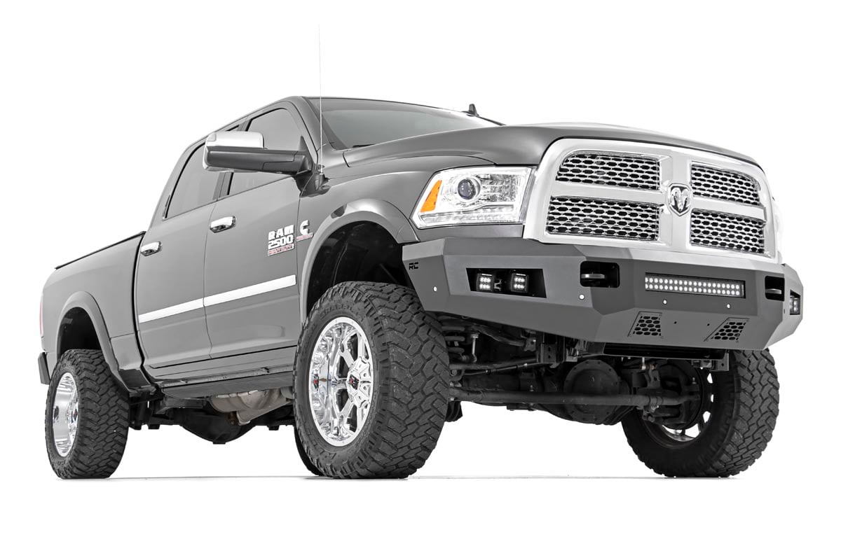 Ram 3500 Front Bumper - Rough Country - LED with 4 LED Cubes and 20in LED Light Bar - Flat Black - '11-'18